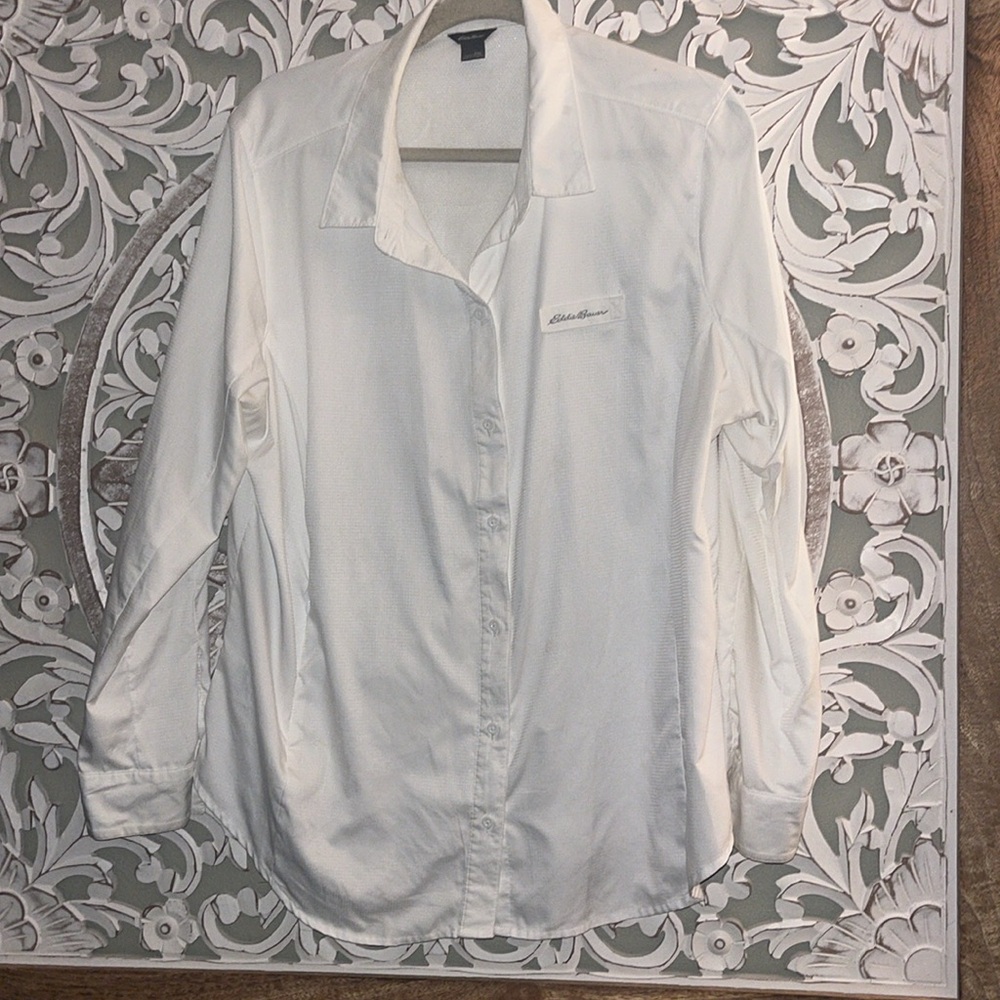 Eddie Bauer Button Down Hidden Front Zipper White Air Vent Back Womans sz 2X EUC